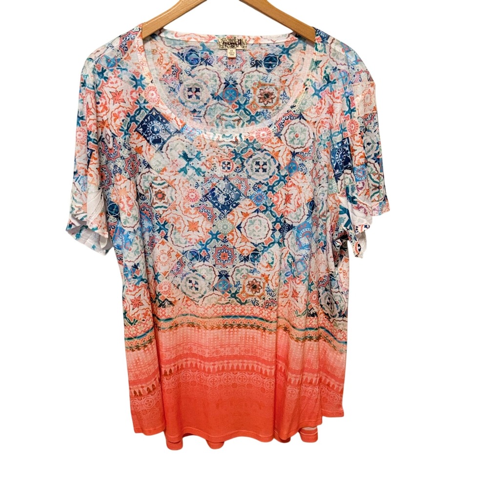 One World Short‎ Sleeve Top Sz 3X Mosaic Ombre Studded Boho Tee